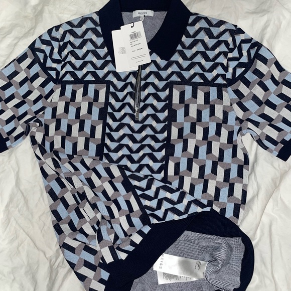 Reiss Egon Geometric Zip Neck Polo Shirt, Blue - Picture 4 of 6